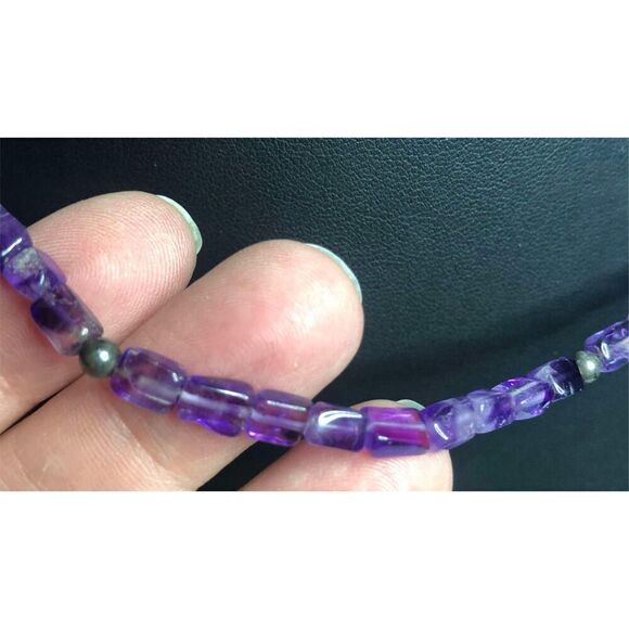 1468 Vintage rectangle Amethyst Bead & Sterling Silver 925 Necklace 18" - Picture 2 of 3